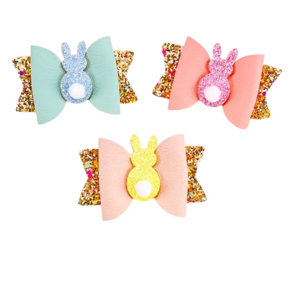 Glittering Easter Bunny Bow Hair Clip Set ~ 3 Pieces